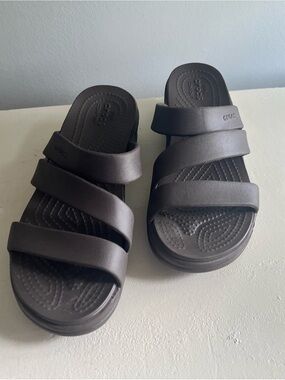 CROCS Brown Triple-Strap Slide Sandals